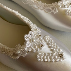 Tie Around Ankle Bridal Wedding Victorian Flats,Fine US Lace pearls & crystals embellished, Wedding flat shoes Edwardian, Renaissance, Satin image 9