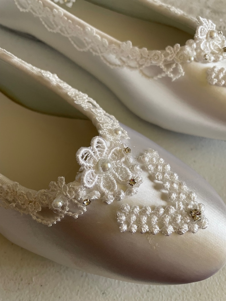 Tie Around Ankle Bridal Wedding Victorian Flats,Fine US Lace pearls & crystals embellished, Wedding flat shoes Edwardian, Renaissance, Satin image 9