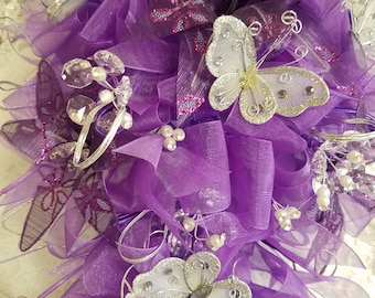 Set di bouquet viola e argento per la sposa o per la Quinceanera con farfalle e cristalli