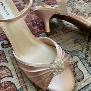 Blush Pink low heel Shoes 2'' M W and WW width adorned with PEARLS and Crystals,Low Heel Open Toe Ankle Strap,Royal Blue Satin low Heels,