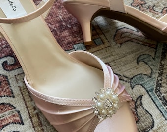 Blush Pink low heel Shoes 2'' M W and WW width adorned with PEARLS and Crystals,Low Heel Open Toe Ankle Strap,Royal Blue Satin low Heels,