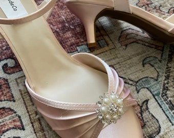 Blush Pink low heel Shoes 2'' M W and WW width adorned with PEARLS and Crystals,Low Heel Open Toe Ankle Strap,Royal Blue Satin low Heels,