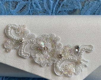 Brides Ivory clutch bag with crystals and pearls hand beaded applique, Off-White Satin Handbag, Evening IvoryPurse, Off-White Formal Clutch