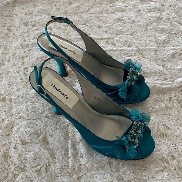 Teal Bridal Wedding Shoes, Peacock Comfortable Satin Heels - hand embellished  organza flowers & beads, Slingback, Open Peep Toe, Accessory