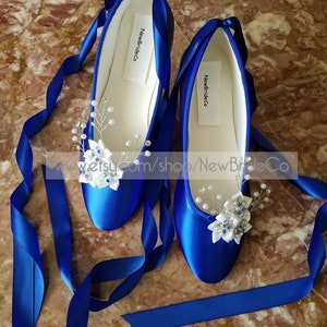Wedding Royal Blue Flats Crystals pearls,Ballet Style Ivory slippers,Flat Shoes Custom colors available,Snowflake, Romantic, Lace Up Ribbon image 2