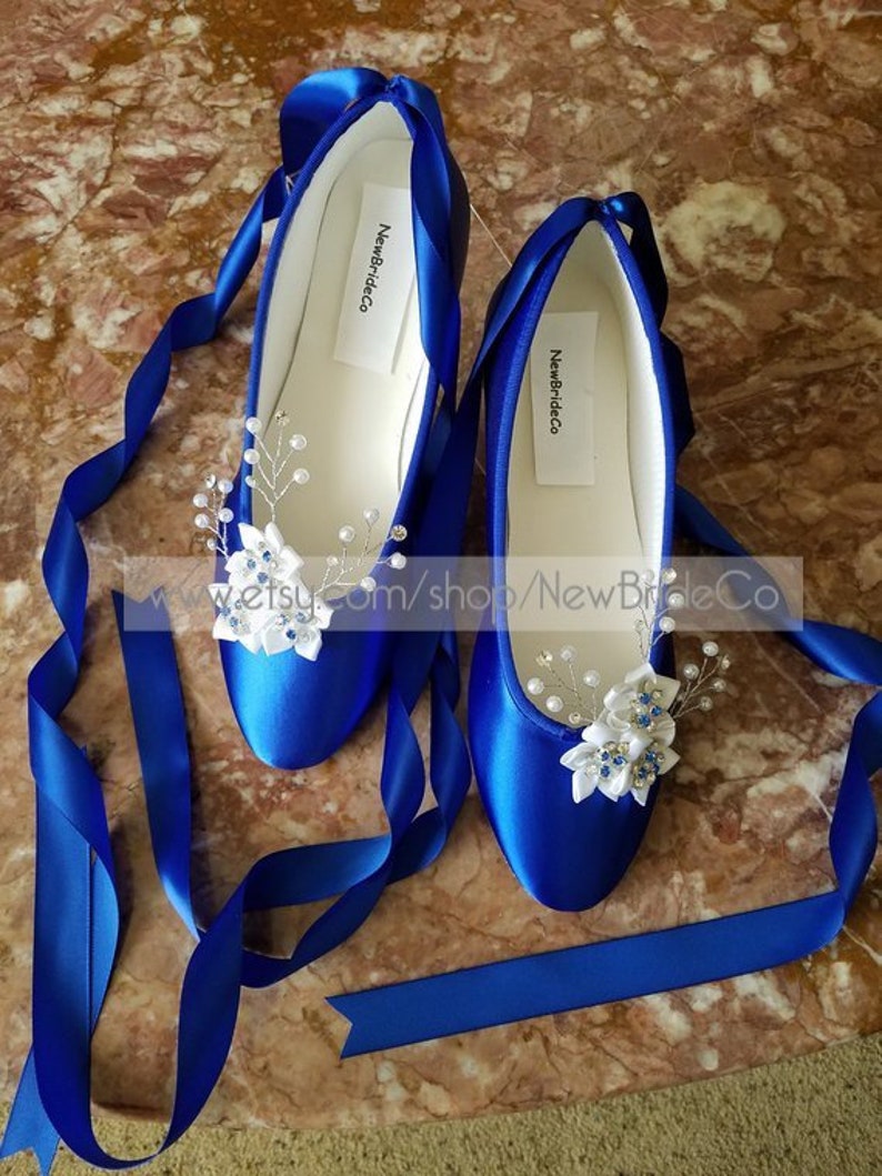 Wedding Royal Blue Flats Crystals pearls,Ballet Style Ivory slippers,Flat Shoes Custom colors available,Snowflake, Romantic, Lace Up Ribbon image 2