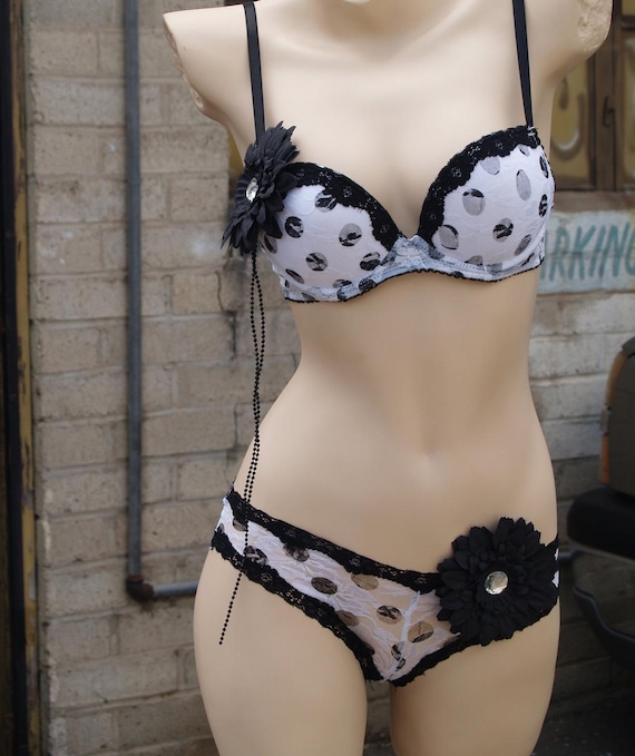 Lingerie Black Polka Dot on Bra & Briefs Set, Hand Embellished, Big Black  Daisy Lingerie, Pearls, See Thru, Sexy, Wedding Night