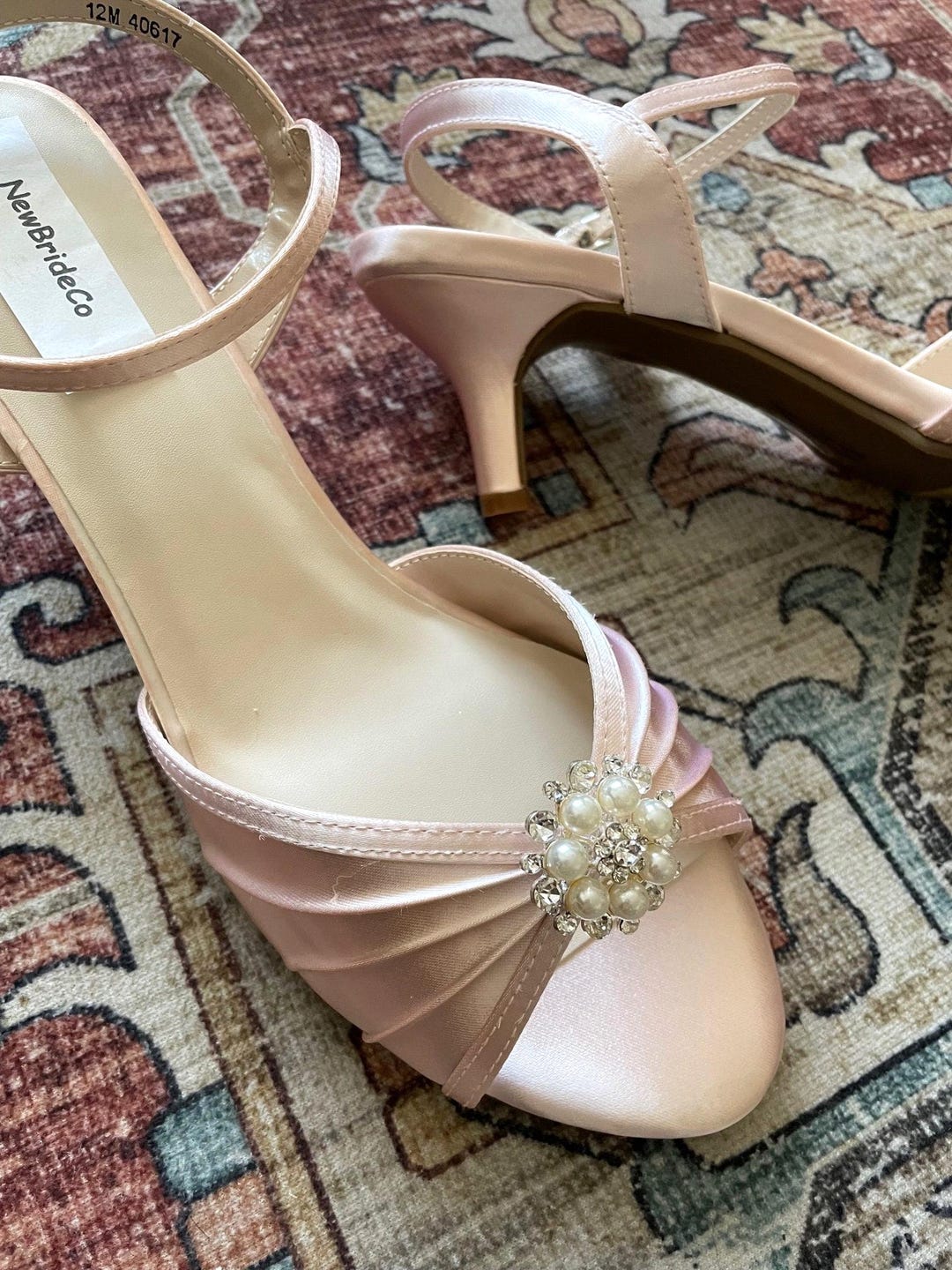 Blush Pink Low Heel Shoes 2'' M W and WW Width Adorned With PEARLS