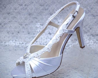 Shoes 9 1/2 White LACE and PEARLS appliques high heels, Ready to ship peep toe, slingback, pearl embellished, White Lace Sandal
