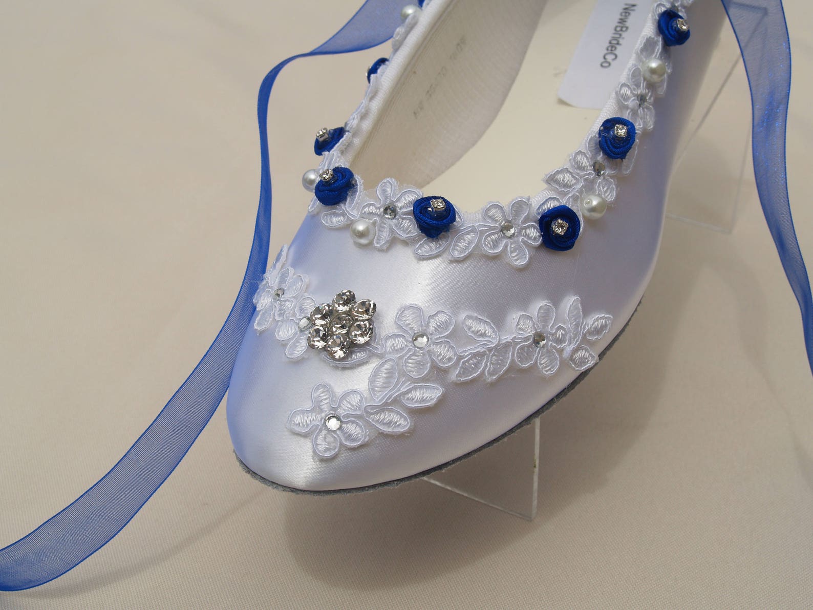 wedding royal blue flats white shoes venice lace edging with flowers crystals, romantic ballet style slipper, lace with pearls a