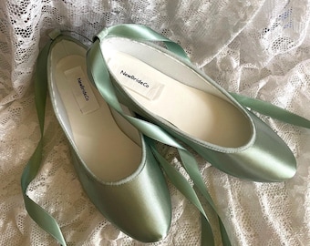 Sage Satin Ballet Flats: Ankle Strap Ribbon, Bridal Lace-Up Slippers, Light Green