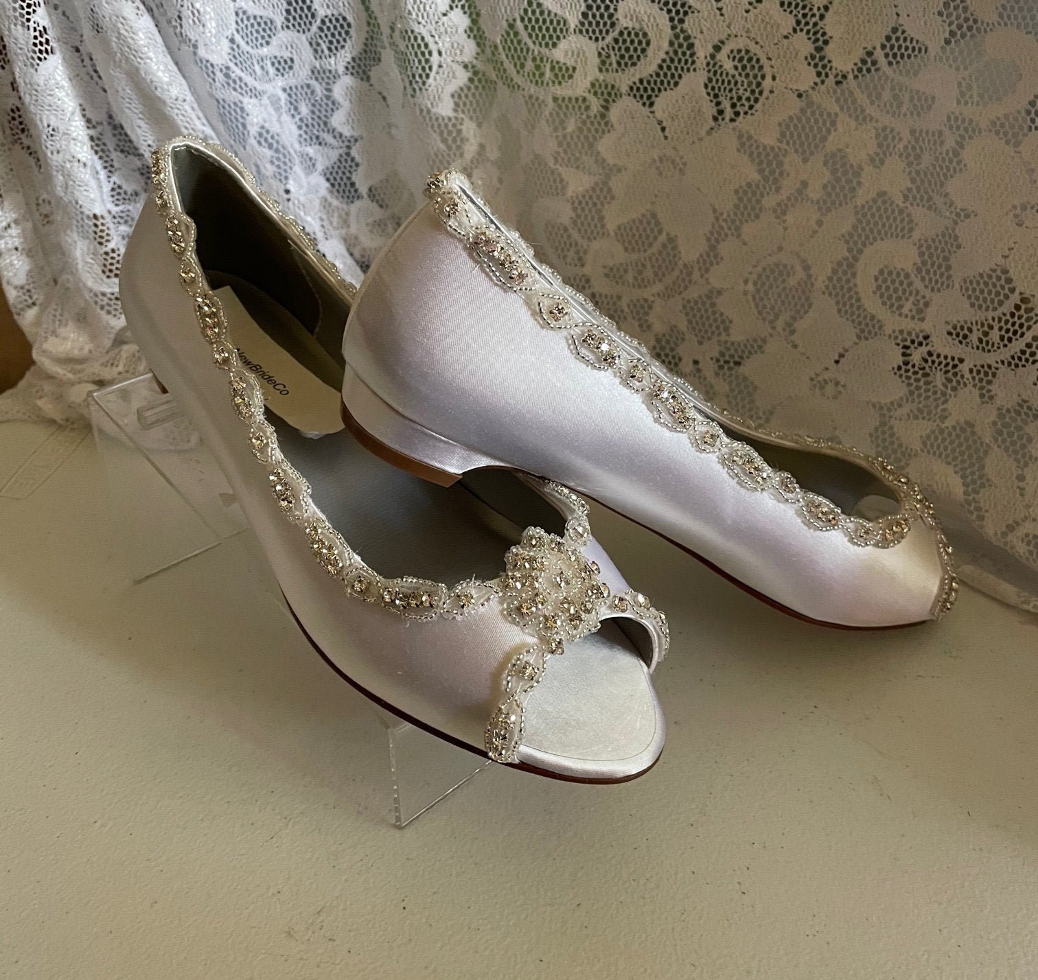 IVORY SATIN FLAT WEDDING SHOE WITH PEARL AND CRYSTAL TRIM