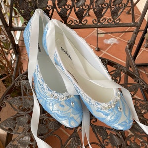 Brides Blue Lace Ballerina Shoes Ivory Venice lace edging with Bling,Something blue Shoes ballet style slipper lace with pearls and crystals