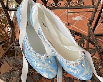 Brides Blue Lace Ballerina Shoes Ivory Venice lace edging with Bling,Something blue Shoes ballet style slipper lace with pearls and crystals