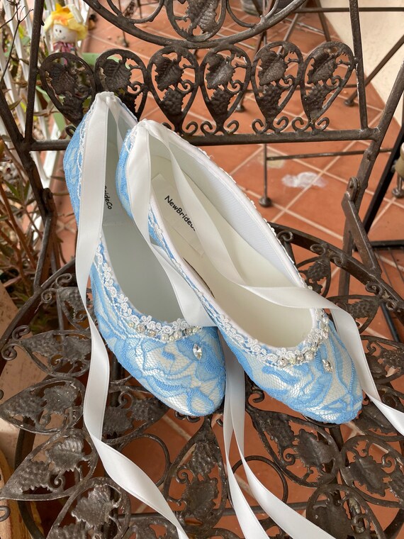 Brides Blue Lace Ballerina Shoes Ivory Venice Lace Edging With Bling something Blue Shoes Ballet Style Slipper Lace With Pearls and Crystals Etsy Canada