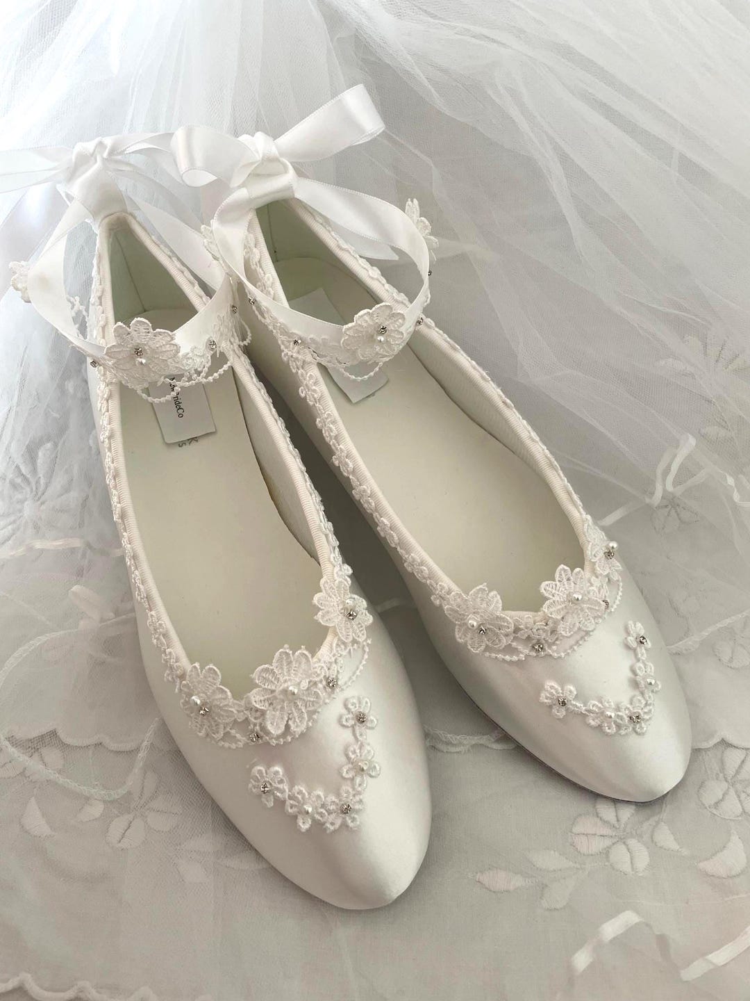Lace Ballerina Wedding Flats: Pearl Crystal Ankle Tie, White or