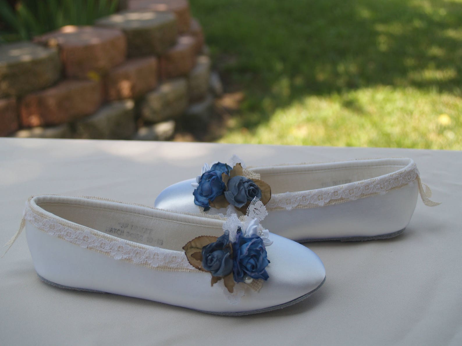 wedding flats blue flowers and burlap edging, ivory or white satin shoes, something blue wedding flats, lace up ribbon, ballet s