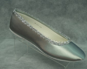 Silver Wedding flats, Satin ballet slippers Shoes Hand dyed and trimmed with silver, 25th anniversary, MOB MOG, comfort and beauty