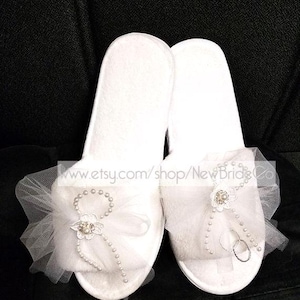 Brides Honeymoon Slippers white tulle veil one set of rings lace flowers,Bridal Slippers, Brides Comfort,Bridal Shower Gift,Wedding Slippers