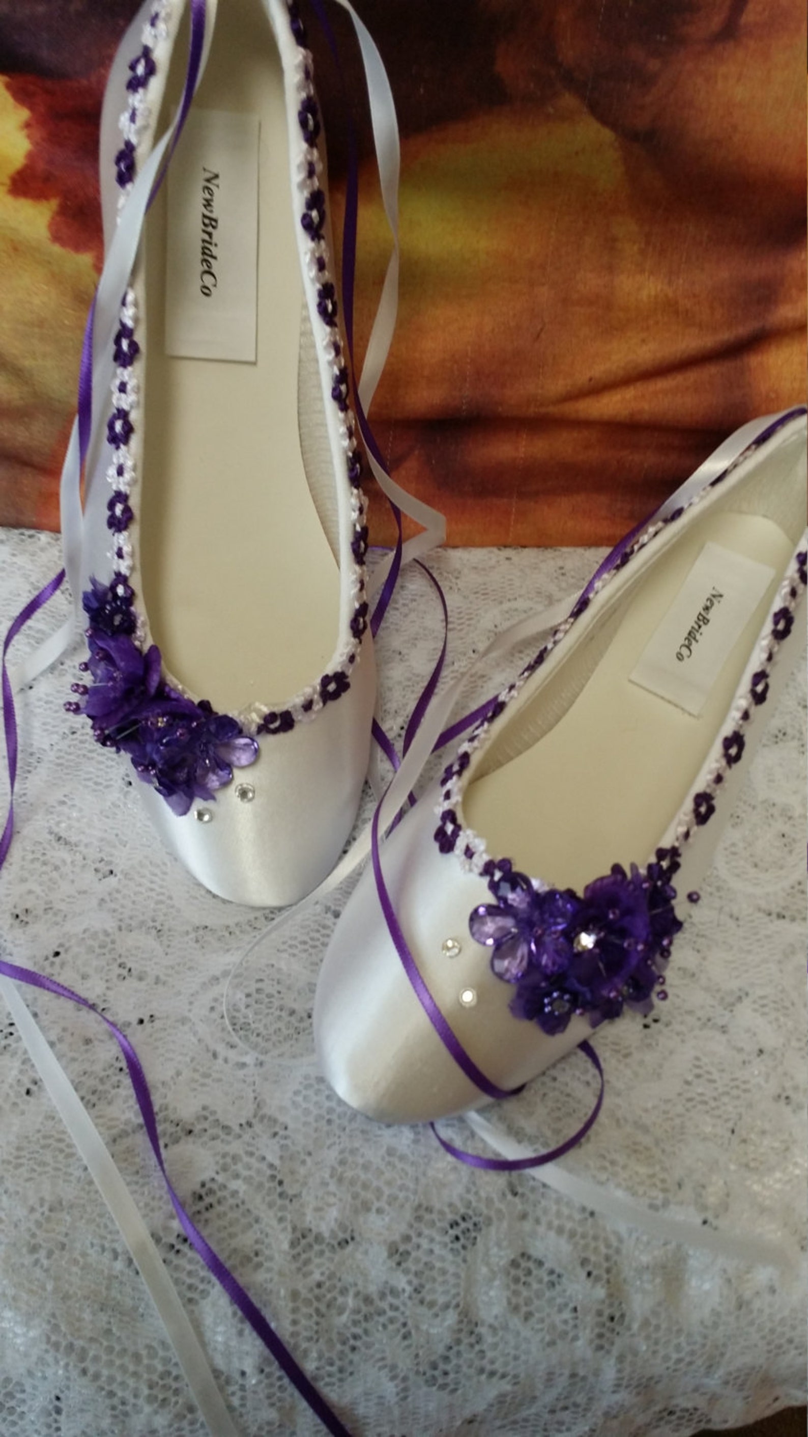 wedding purple flats silk flowers, pearls, crystals, and ankle ribbons, lace up ribbon, satin ballet style slippers,closed toe,