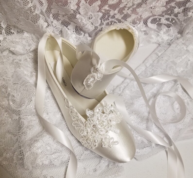 Bride Off White Wedding Flats,Off-white Satin Shoes,Lace Applique with Pearls,Lace Up Ribbon Ballet Style Slipper, Comfortable Wedding Shoes image 3