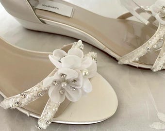 Size 8 Bling Wedding Shoes low Wedge 1" inch heel crystals,Short Heel wedge Prom Shoes, White Satin Sandal lots of bling, Open toes low heel