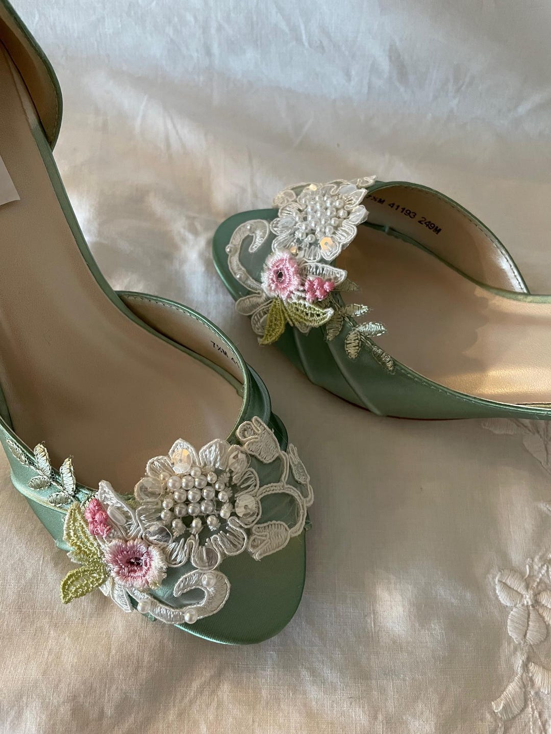Sage Green Wedding Shoes: Floral Appliqué Satin Peep Toe Heels