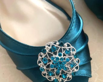 Teal Wedding Shoes: Satin Kitten Heel Peep Toe with Crystal Brooch