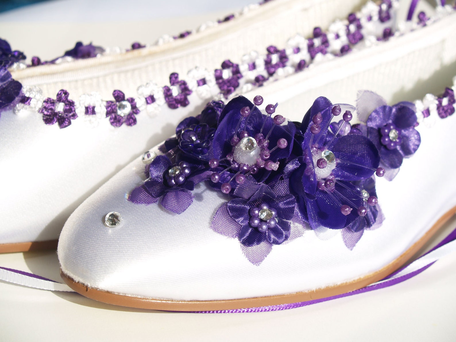 size 6 ready to ship purple silk flowers white satin flats,pearls,crystals, lace up ribbon,satin ballet style slippers,closed to