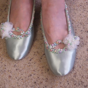 Size 9 1/2 Sage Green Wedding Flats, Sage Satin Ballet Style Slippers pastel edging trim ivory organza flowers & bow, Romantic,Ready to Ship