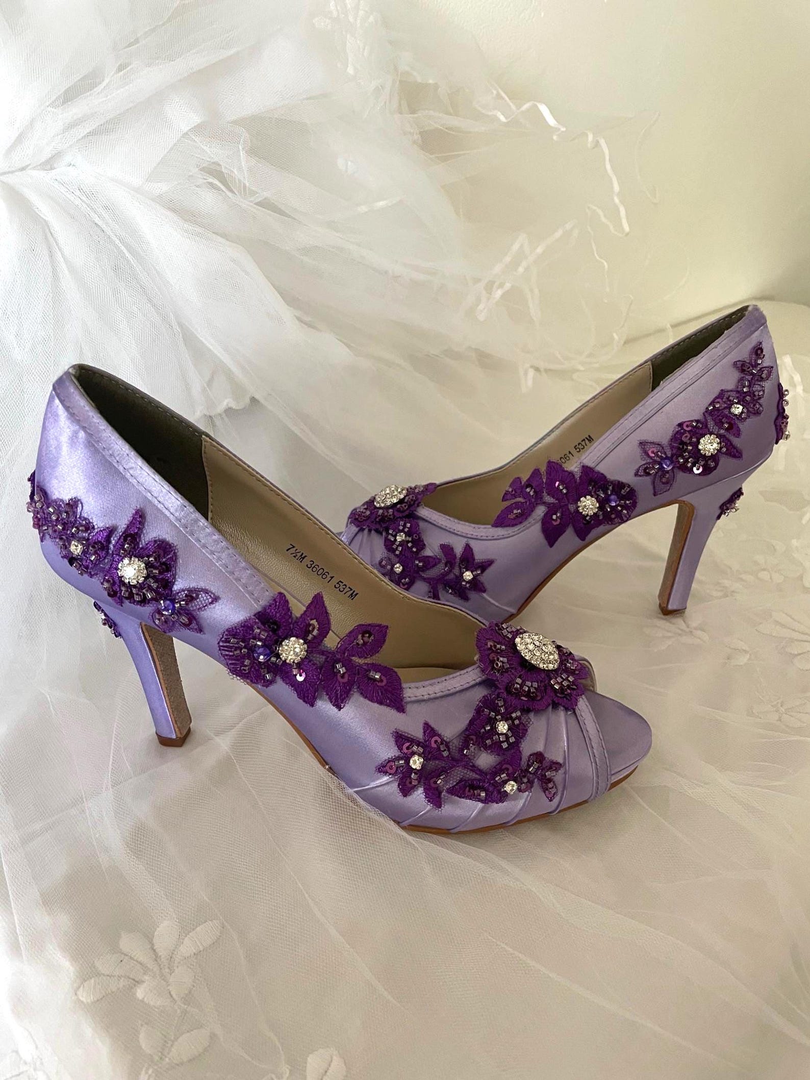 Women's purple footwear - Purple Satin Peep Toe Jeweled Lace Wedding Shoes