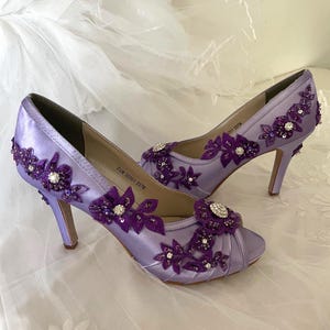 Purple Satin Shoes peep toes Heel 3 1/4&quot;, Unique design purple high heels, Purple wedding heels, Purple Prom shoes, Shoes for Purple lovers