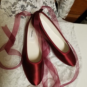 Burgundy Flats with ankle strap laces Sheer or Satin, Eggplant Satin flats ballerina style,Minimalist Bride Satin slipper lace up ribbon