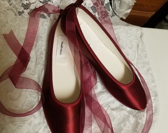 Burgundy Flats with ankle strap laces Sheer or Satin, Eggplant Satin flats ballerina style,Minimalist Bride Satin slipper lace up ribbon