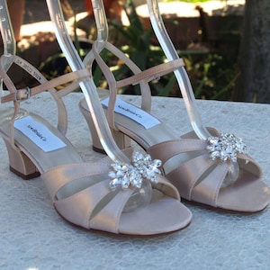 Champagne Bridal Shoes B and W width,Wedding 150+ colors,Comfortable open toe sandals, Short Thick Heel, Sandals,Crystals brooch, Wide Width