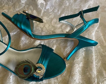 TEAL peacock Wedding Shoes Silver Crystals, Satin mid 2 1/2" Heels, Peacock feathers Open toe Ankle Strap shoes,Brides Prom Sexy Bling shoes