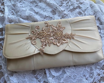 Pink Champagne Satin Clutch purse for wedding with shoulder cord strap, Purse Pink Champagne with beaded gold rose appliqué  clutch