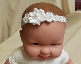 Baby BAPTISM WHITE lace band flowers and pearls For Christening,Baptism hair, Baby Presentation,Organza, Satin Flower, Stretch Lace Headband