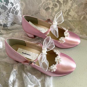 Pink Girl Mary Jane Shoes beaded Flowers appliques, white plus more colors shoes - flower girls shoes, low heel, Pageant Wear, First Dance