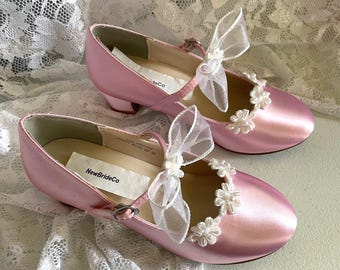Pink Mary Jane Flower Girl Shoes: Beaded Appliques, Low Heel