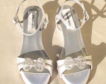 Wedding Comfort Shoes low Wedge 1 inch heel, Crystals bows Short Heel,White Satin Bridal Sandal Bling Old Hollywood Style,