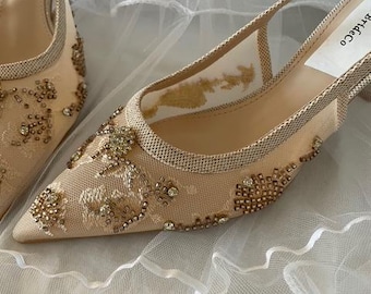 Zapatos de tacón medio de malla brillante color champán, punta cerrada de 2 1/2", tallas de EE. UU.: 5.5 M a 11