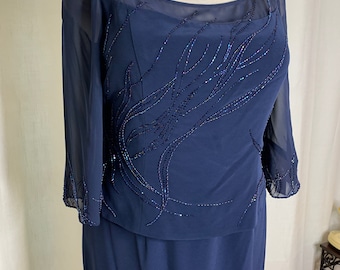 Vintage Navy Blue 3/4 Sleeve Size 18 Mother of The Bride Gown, Navy Blue Dress in Silky Crepe, Flattering Plus Size Dress, Sheer sleeves
