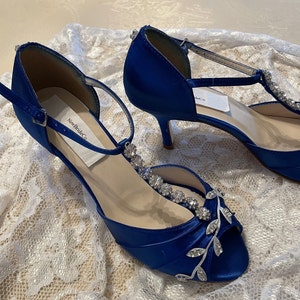 Royal Blue Wedding Bling Shoes, Navy Blue Shoes with Silver leaves and Crystals, Mid heels peep toe closed heel ankle strap hand dyed satin