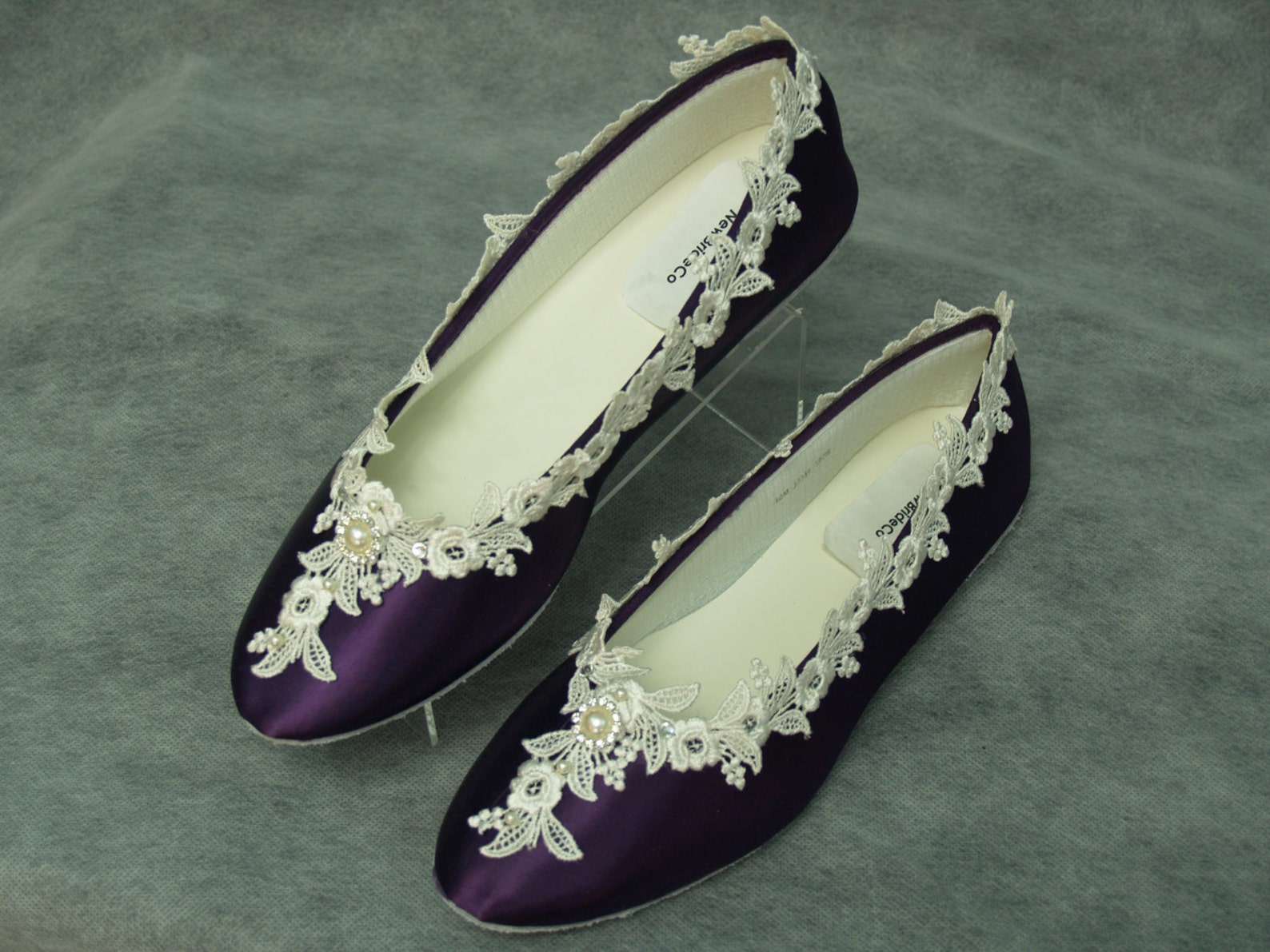 bridal victorian flats eggplant ivory shoes fine us lace pearls and crystals embellished, satin ballet slipper, deep purple with