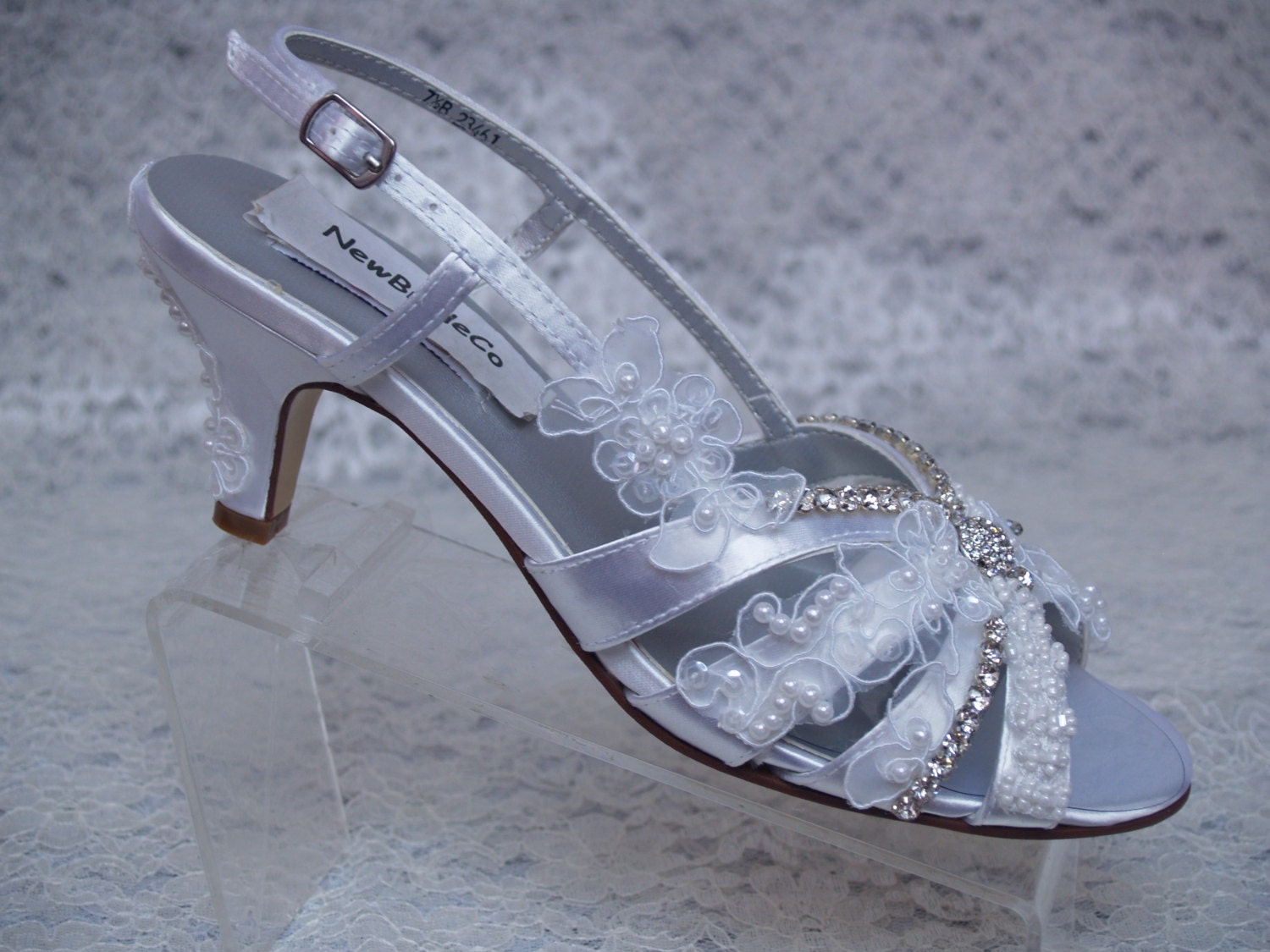 White Bling Strappy Sandals Wedding Wide Shoes Mid Kitten - Etsy