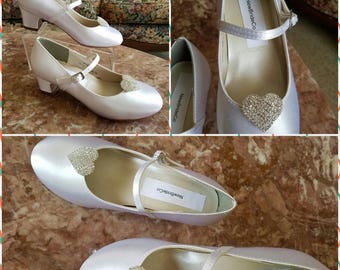 Girls Communion Shoes Crystals Heart brooch- White plus more colors shoes - flower girls shoes, low heel, Pageant Wear, First Dance