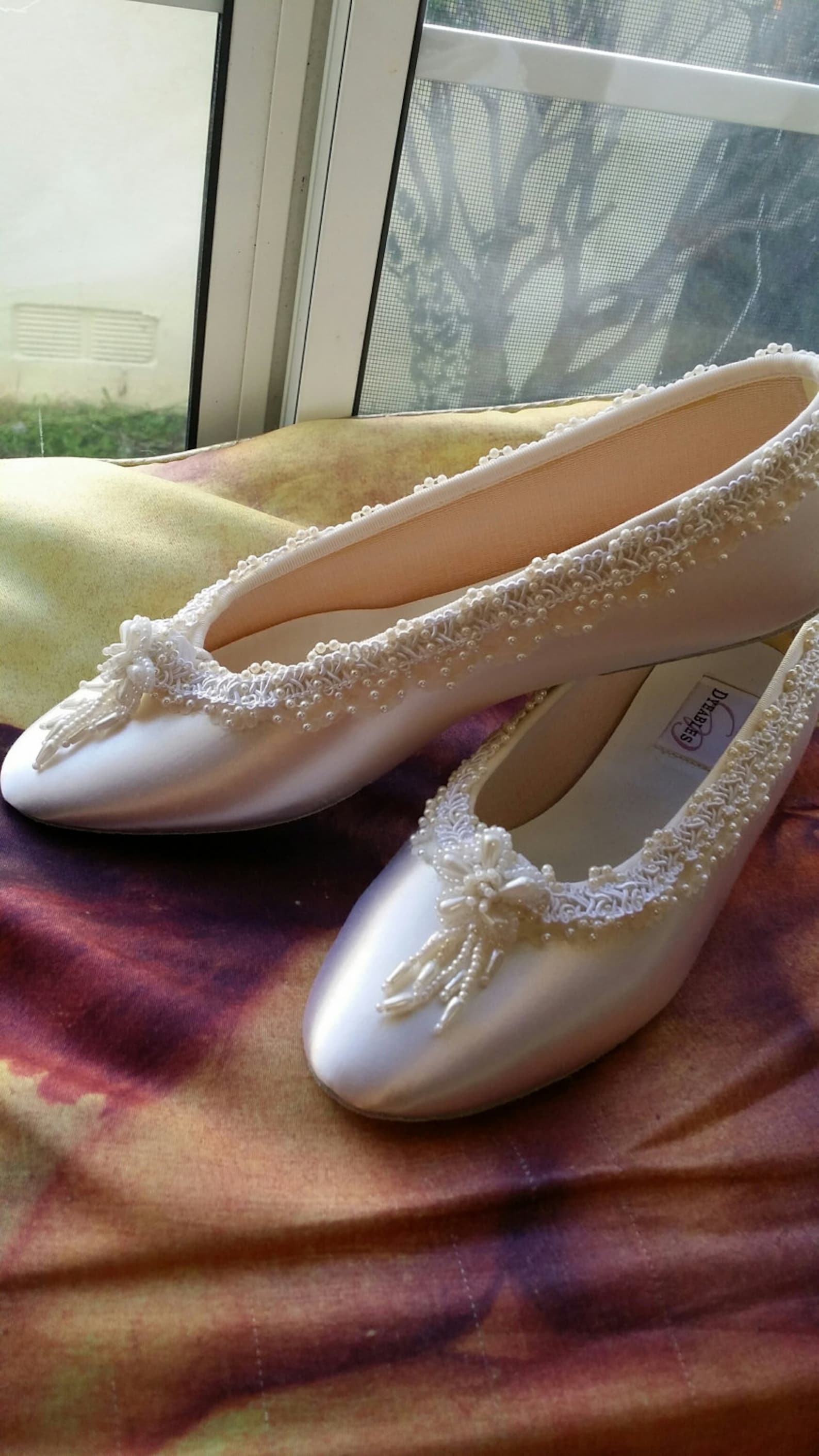 size 9 ballet style slippers offwhite satin w pearls flower,white bridal flats,pearl edging,white flowers,silver,ready to ship,