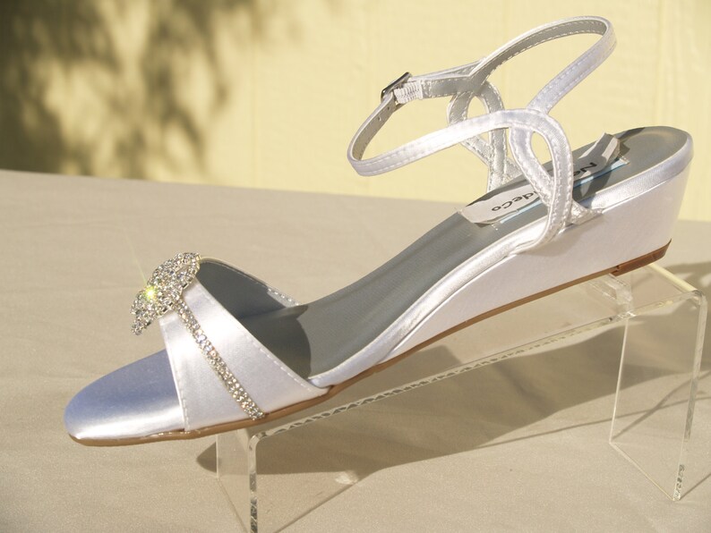 Wedding Comfort Shoes low Wedge 1 inch heel Crystals bows