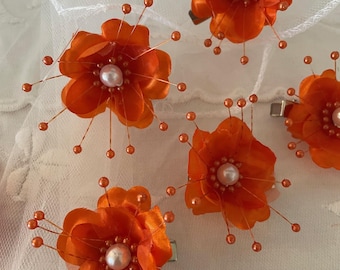 Orange Flower Hair Clip, Hair Flowers, Rhinestone Hair Clips  display picture 3